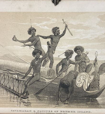 Torres Strait Islanders, similar to as those who rescued Barbara Crawford Thompson from a shipwreck and took her to Muralag Island, lithographed frontispiece, Narrative of the Voyage of H.M.S. Rattlesnake, commanded by the late Captain Owen Stanley... during the years 1846-50, by John MacGillivray, vol. 1, 1852 (Linda Hall Library)