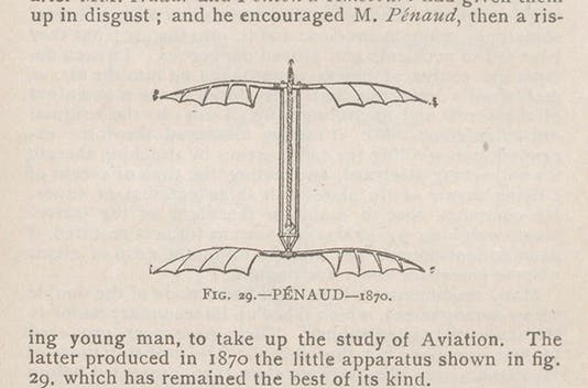 Model helicopter, designed by Alphonse Pénaud, 1870, powered by twisted rubber cords, from Octave Chanute, <i>Progress in Flying Machines</i>, 1894 (Linda Hall Library)