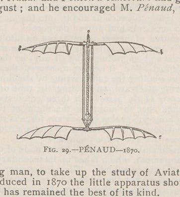 Model helicopter, designed by Alphonse Pénaud, 1870, powered by twisted rubber cords, from Octave Chanute, <i>Progress in Flying Machines</i>, 1894 (Linda Hall Library)