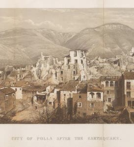 “City of Polla after the earthquake,” folding frontispiece, tinted lithograph after photograph 161, Robert Mallet, <i>Great Neapolitan Earthquake of 1857</i>, 1862 (Linda Hall Library)