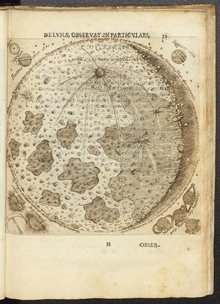 The Moon, with corner vignettes showing the planets, viewed through a telescope, etching, Francesco Fontana, Novae coelestium, 1646 (Linda Hall Library)