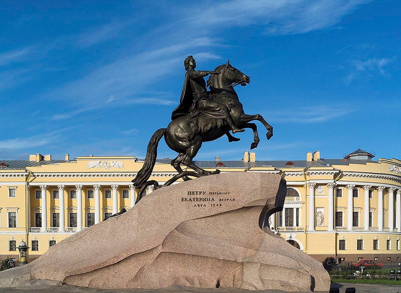The Bronze Horseman, a statue of Peter the Great that sits on the Thunder Stone, a reshaped granite erratic found north of St. Petersburg (Wikimedia commons)