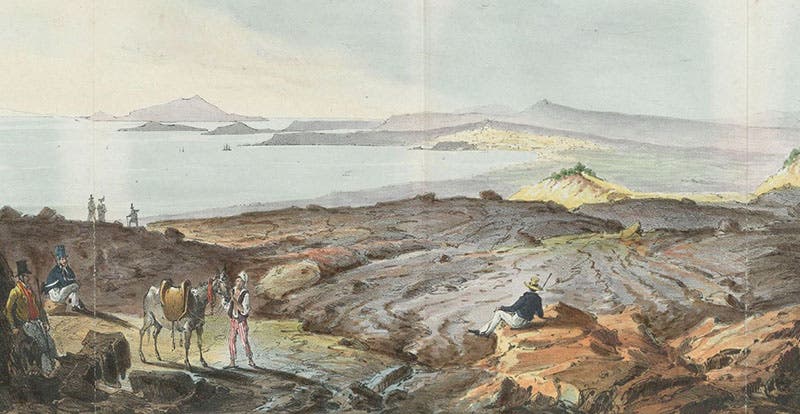 “A view of Naples” from the base of Vesuvius, with John Auldjo sitting on a rock at the center,  hand-colored lithograph from a drawing by Auldjo, in his Sketches of Vesuvius, 1832 (Linda Hall Library)