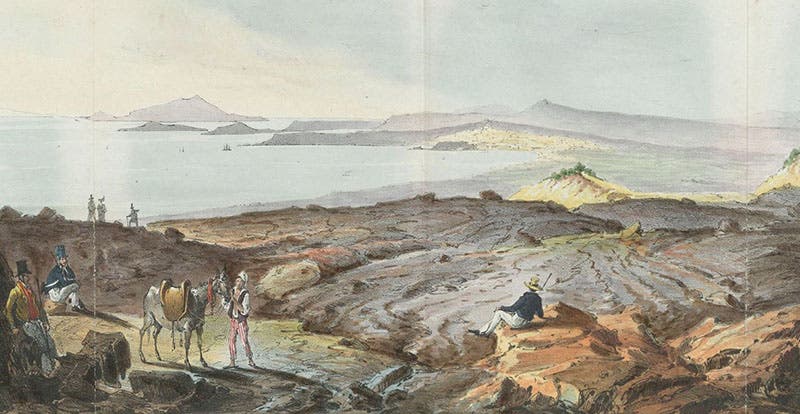 “A view of Naples” from the base of Vesuvius, with John Auldjo sitting on a rock at the center, hand-colored lithograph from a drawing by Auldjo, in his Sketches of Vesuvius, 1832 (Linda Hall Library)