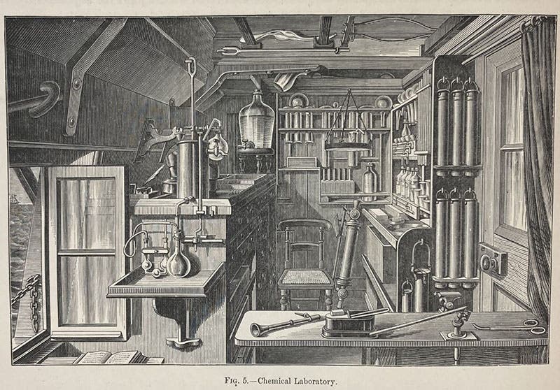Chemical laboratory established in one of the empty gun bays of the Challenger, text engraving, Report on the Scientific Results of the Voyage of H.M.S. Challenger during the years 1873-76, Narrative, ed. by C. Wyville Thomson and John Murray, vol. 1, 1885 (Linda Hall Library)