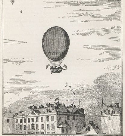 The ascent of Jean-Pierre Blanchard in a hydrogen balloon from Chelsea, England, on Oct. 16, 1784, contemporary engraving, reproduced in The History of Aeronautics in Great Britain, from the Earliest Times to the Latter Half of the Nineteenth Century, by J. E. Hodgson, 1924 (Linda Hall Library)