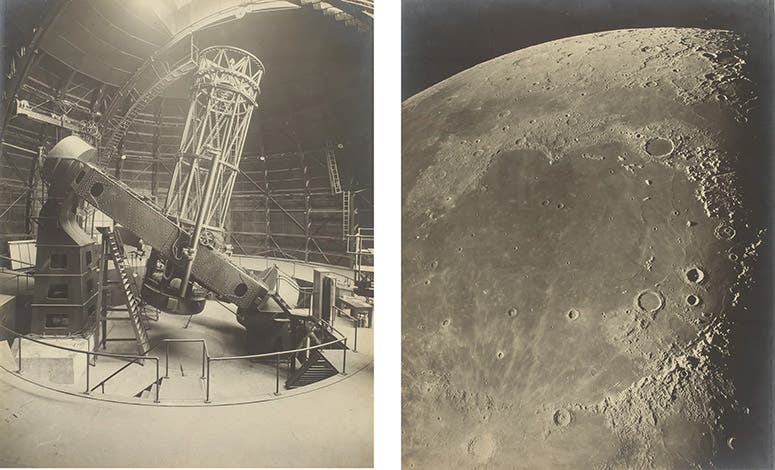 Two photographs taken by Francis Pease, one showing the 100-inch Hooker telescope at Mount Wilson Observatory (left), the other the Mare Imbrium region of the Moon (right), taken Sep. 15, 1919, both photos sold at auction at Sotheby’s, 2017 (sothebys.com)