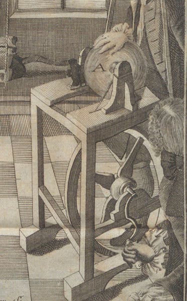 Electrostatic generator being rubbed, detail of engraved frontispiece, Christian August Hausen, Novi profectus in historia electricitatis, 1743 (Linda Hall Library)