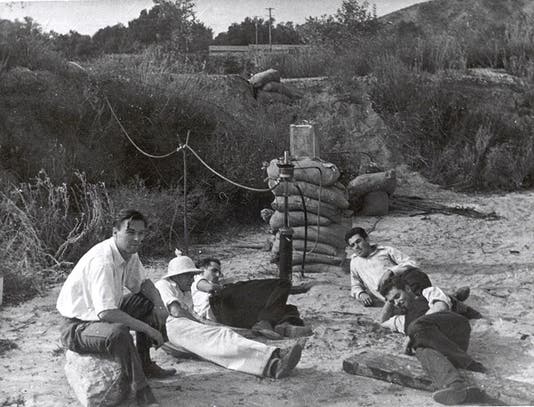 The rocket group at Arroyo Seco, Oct. 31, 1936. Jack Parsons is at far right, in the dark vest (Wikimedia commons)