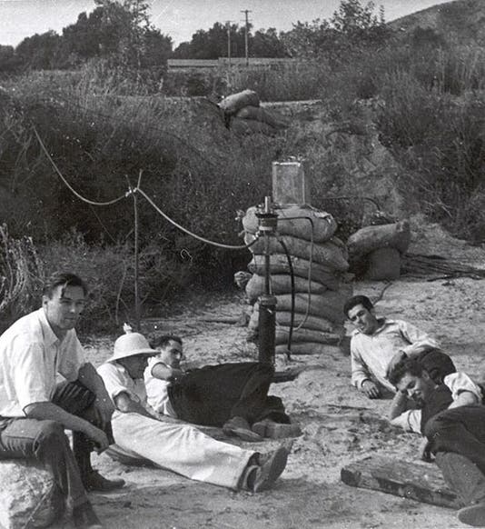 The rocket group at Arroyo Seco, Oct. 31, 1936. Jack Parsons is at far right, in the dark vest (Wikimedia commons)