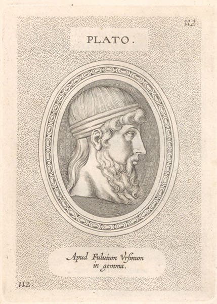 Portrait of Plato, by Theodor Galle, engraving after a cameo, coin, gem, or relief in the collection of Fulvio Orsini, in Galle’s Illustrium imagines, 1606 (Linda Hall Library)