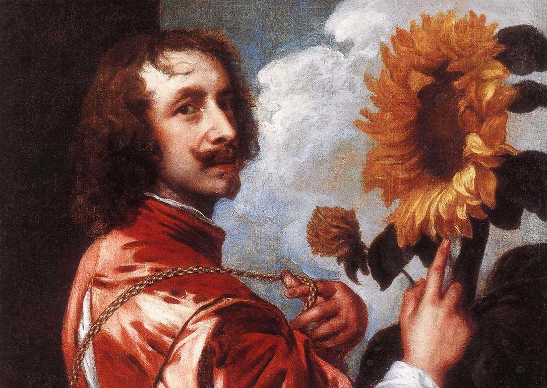 Self-portrait of Anthony Van Dyck, with sunflower, oil on canvas, after 1633, private collection (Wikimedia commons)