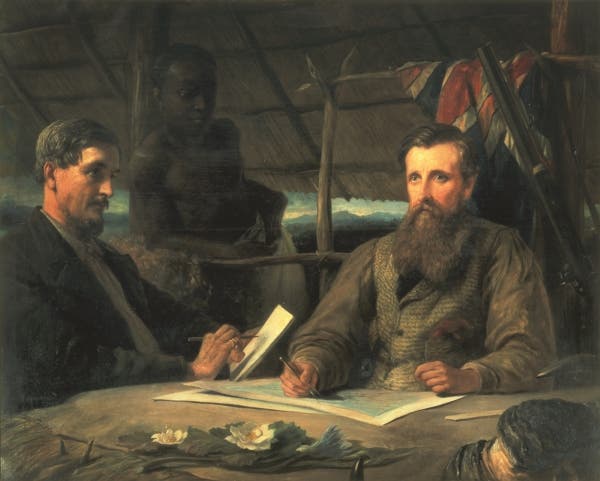 James Augustus Grant (left) and John Hanning Speke (right), with a native of Zanzibar, George Tembo (1864) (Royal Geographical Society)