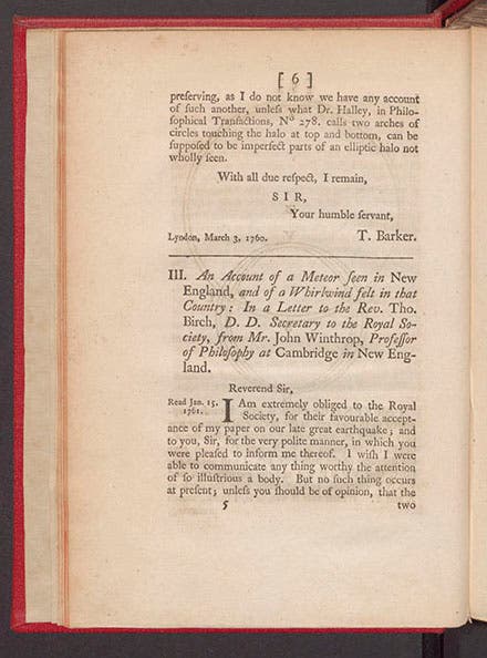 First page of John Winthrop’s article on observations of a meteor, in the Philosophical Transactions of the Royal Society of London, 1761 (Linda Hall Library)