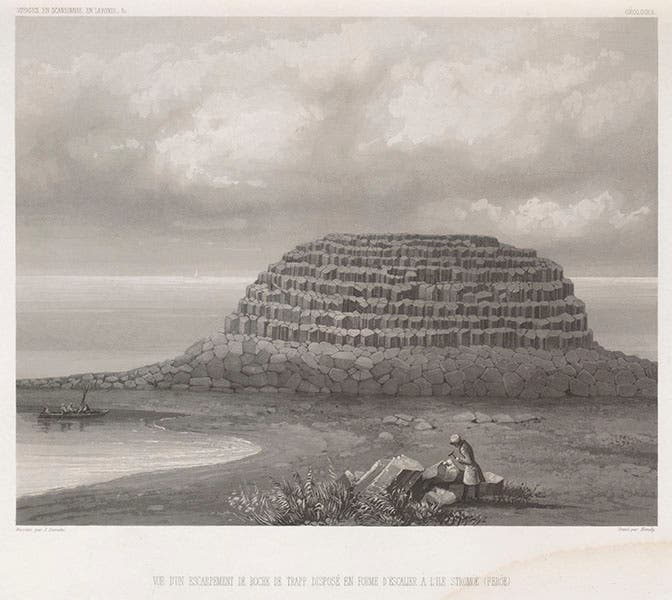 Columnar basalt in the Feroe Islands, aquatint, from Joseph-Paul Gaimard, Voyages … en Scandinavie, en Laponie, au Spitzberg et aux Feröe, 1840-55 Atlas geologique (Linda Hall Library)