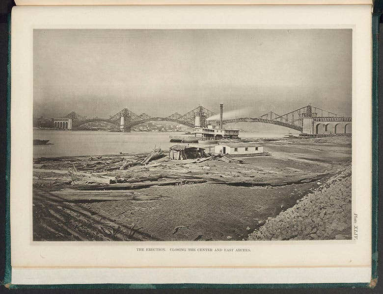 Closing the center and east arches, from C.M. Woodward, History of the Saint Louis Bridge, 1881 (Linda Hall Library)