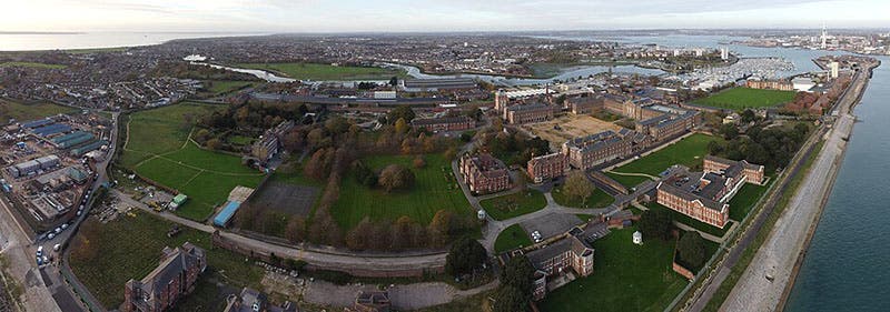 The former Royal Naval Hospital Haslar, Gosport, modern photograph; the original building over which James Lind presided, 1758-1783, is the large U-shaped structure at center right (Wikimedia commons)