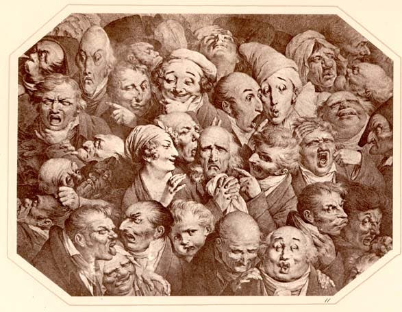 Caricatures of human faces, calotype copy of a lithograph, in Talbot, The Pencil of Nature, 1844 (University of Glasgow Libraries, Special Collections)