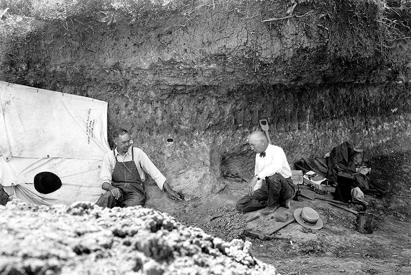 Carl Schwachheim supposedly showing Barnum Brown the Folsom point in situ, but probably a reenactment photograph, early Sep. 1927, Denver Museum of Nature and Science (sapiens.org)