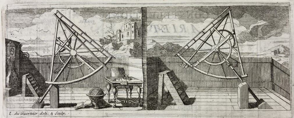 Sextant with a telescopic sight installed, built by John Flamsteed after design of William Gascoigne, engraved headpiece in Flamsteed’s Historia coelestis, 1712 (Linda Hall Library)