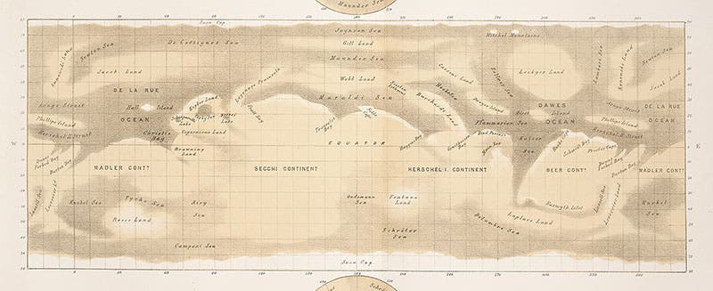 Map of Mars, by Nathaniel Green, using the nomenclature system devised by Richard Proctor, folding lithographed plate in Memoirs of the Royal Astronomical Society, vol. 44, 1879 (Linda Hall Library)