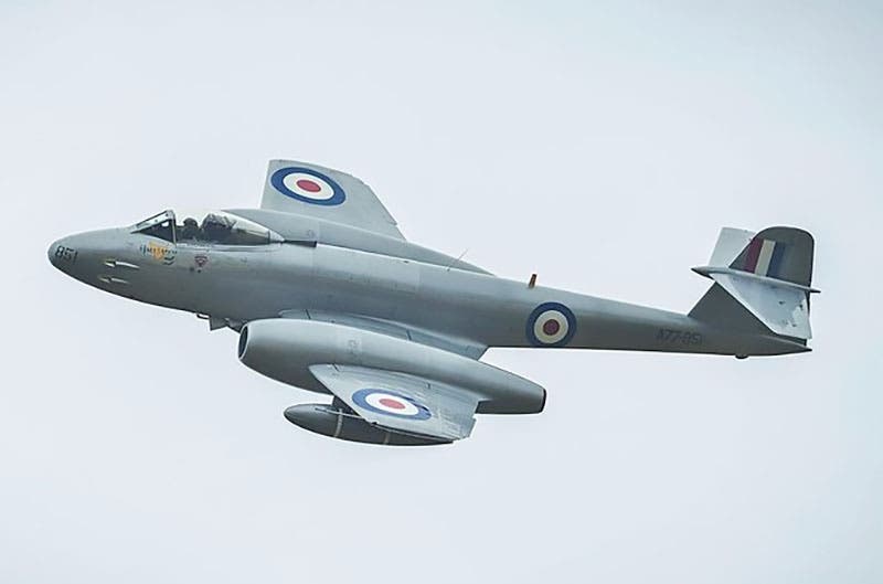 A Gloster Meteor F8, England’s first production aircraft, with a version of the Whittle W.2 turbojet engine, still flying in 2014 (Wikimedia commons)