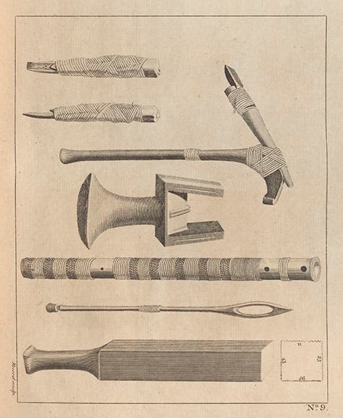 One of several plates depicting native tools of Tahiti and New Zealand, encountered by Cook on his first voyage, in John Hawkesworth, An Account of the Voyages, 1773 (Linda Hall Library)