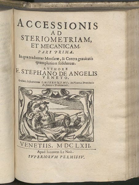 Title page, Accessionis ad steriometriam, et mecanicam, by Stefano degli Angeli, 1662 (Library Hall Library)