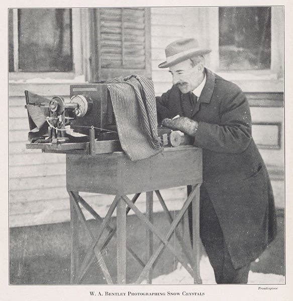 Photograph of Wilson Bentley at work with his camera, frontispiece to Snow Crystals, by Wilson A. Bentley and William J. Humphreys, 1931 (Linda Hall Library)