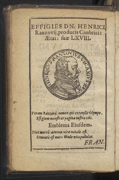 Portrait emblem of Heinrich Rantzau, owner of the manuscript from which the book was printed, woodcut, in Magia philosophica, by Francesco Patrizi, 1593 (Linda Hall Library)