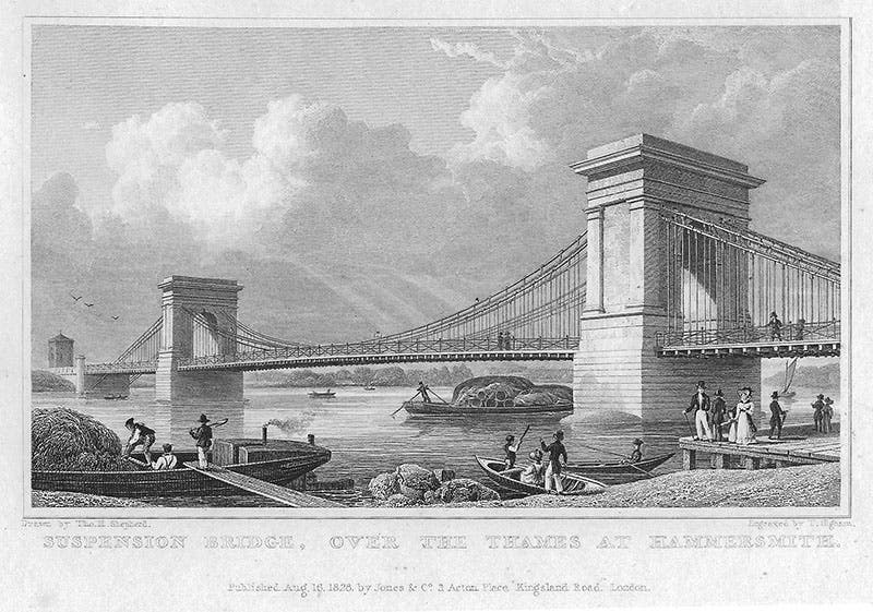 The Hammersmith Suspension Bridge, engraving, designed by Tierney Clark, opened in 1827, now replaced (mapsandantiqueprints.com)