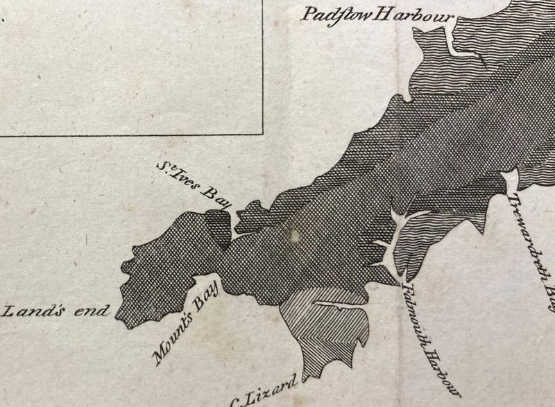 Various surface rock types in Cornwall, detail of geological map, engraving in Observations Relative Chiefly to the Natural History, Picturesque Scenery, and Antiquities of the Western Countries of England, by William George Maton, vol. 2, plate at end, 1797 (Linda Hall Library)