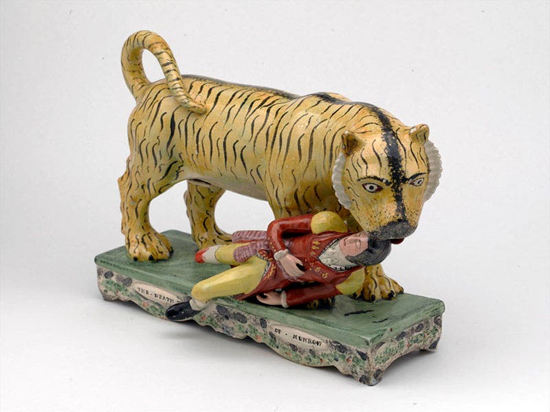 Ceramic inspired by the death of young Hugh Munro, mauled by a tiger in 1792, Staffordshire, ca 1800 (National Army Museum, UK)