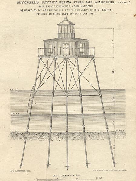 Spit Bank screw-pile lighthouse, erected on Alexander Mitchell’s screw-piles,1851, Cork Harbour, Ireland, elevation diagram (buildingsofireland.ie)