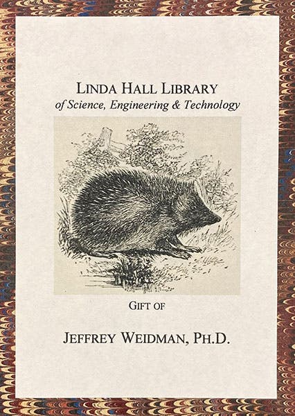 Book plate acknowledging gift of Jeffrey Weidman, designed by Bruce Bradley, The Natural History and Antiquities of Selborne, by Gilbert White, edited by William Jardine, inside front cover, 1853 (Linda Hall Library)
