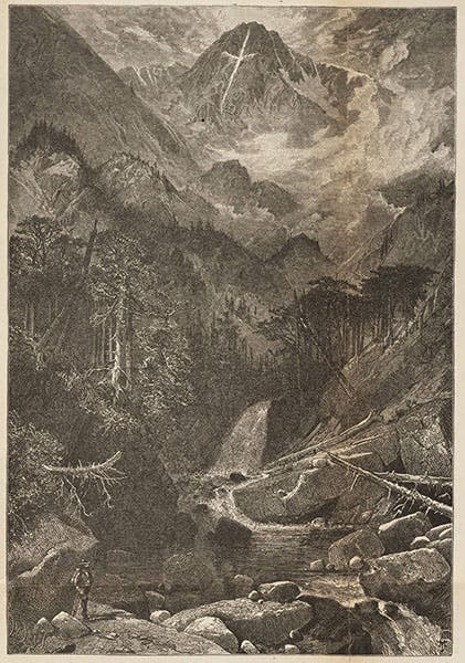 “Mountain of the Holy Cross,” wood engraving after a painting by Thomas Moran, in Ferdinand Hayden, Annual Report … of the Survey of the Territories … for 1874, publ. 1876 (Linda Hall Library)