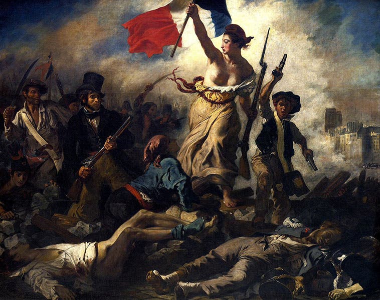 Liberté, oil on canvas, a depiction of the July Revolution of 1830, by Eugène Delacroix, 1830, Louvre Museum (Wikimedia commons)