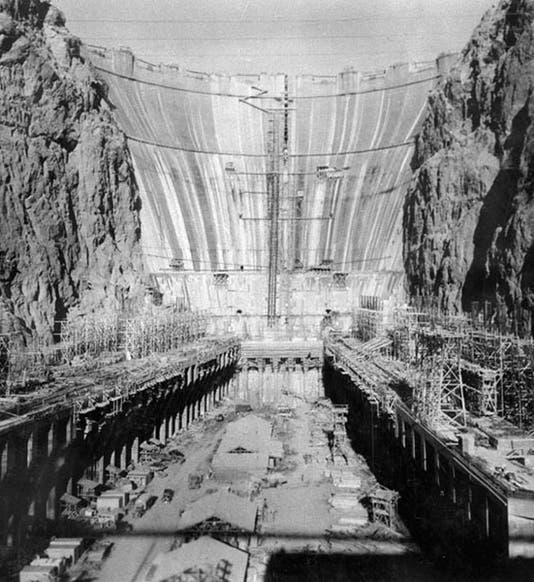 Almost completed Hoover Dam, from downstream on the Colorado River, photograph, 1935 (usbr.gov)