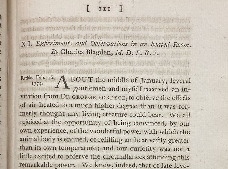 First page of paper, “Experiments and Observations in a heated room,” Charles Blagden, Philosophical Transactions of the Royal Society, vol. 65, 1775 (Linda Hall Library)