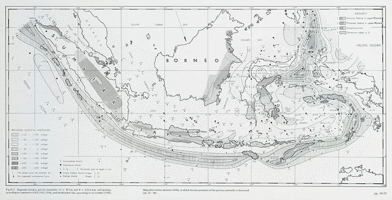 Map of Indonesia, showing the gravimetric anomalies south of Java and Sumatra, by F. Vening Meinesz, 1940; republished in his The Earth’s Crust and Mantle, 1964 (Linda Hall Library)