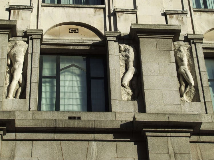 Three of the nude male figures from the Ages of Man series by Jacob Epstein, former British Medical Association building, now the Zimbabwe Embassy, 1908 (knowledgeoflondon.com)