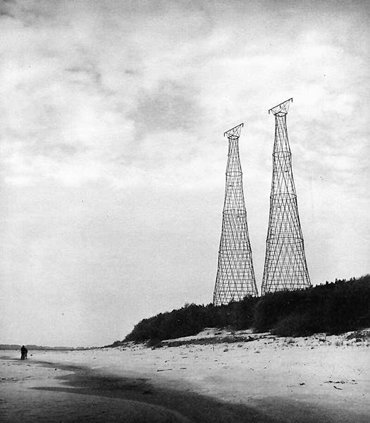 Shukhov electrical transmission towers, Oka River, Novgorod Oblast, Russia, 128 meters tall, designed and built by Vladimir Shukhov, 1929; only one now stands (Wikimedia commons)