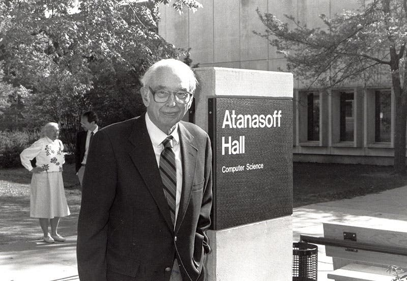 Atanasoff standing outside Atanasoff Hall, 1988 (codepen.io)