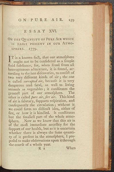 Beginning of Scheele’s essay on “Pure air, 1779” in The Chemical Essays of Charles-William Scheele, trans. by Thomas Beddoes, 1786 (Linda Hall Library)