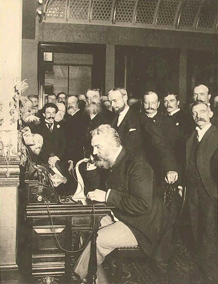 Alexander Graham Bell inaugurating telephone connection between New York City and Chicago, 1892 (Wikimedia commons)