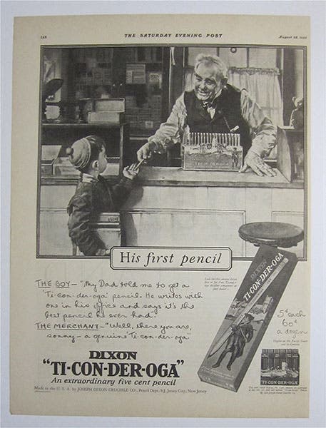 Advertisement for Dixon Ticonderoga pencils, featuring “His First Pencil”, a painting by Norman Rockwell, Saturday Evening Post, Aug. 28, 1926 (image on squarespace-cdn.com from an expired website)