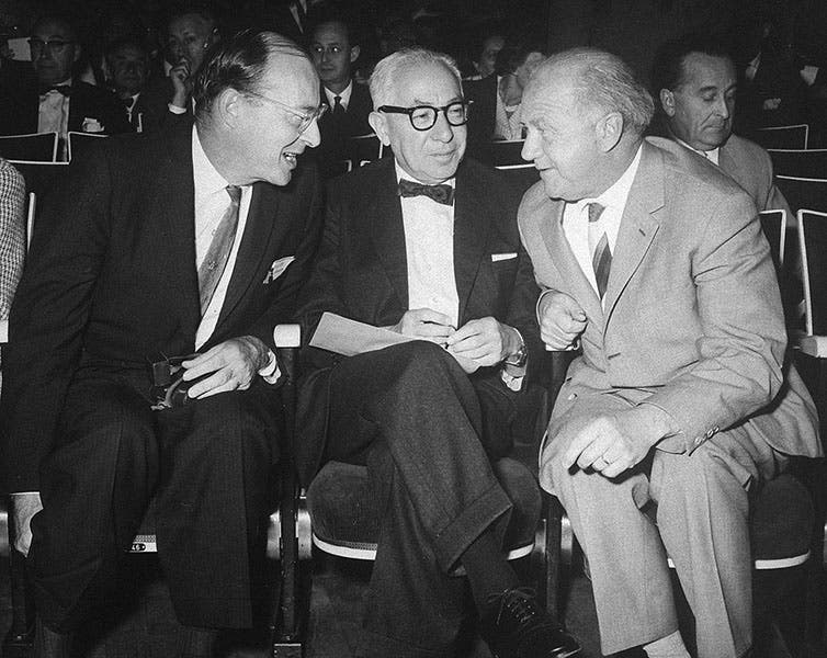 Three Nobel Prize winners in 1962: John Bardeen, Isidor Rabi, and Werner Heisenberg (left to right); the occasion is unknown (Wikimedia commons)