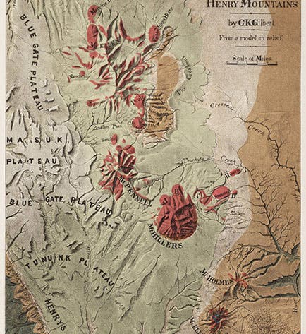 Map in color of the Henry Mountains, heliotype print of a photograph of a model in relief, from G.K. Gilbert, <i>Report</i>, 1877 (Linda Hall Library)