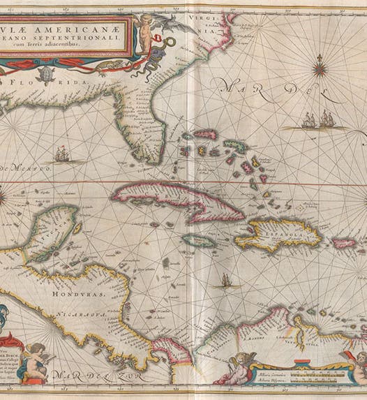 Map of the Caribbean, hand-colored engraving, Atlas maior, by Joan Blaeu, vol. 11, foll. p. 89, 1662 (Linda Hall Library)