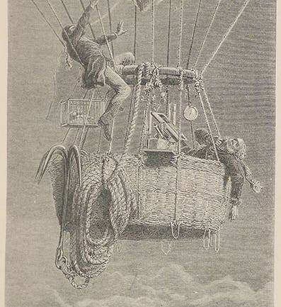 “Mr. Glaisher insensible at the height of 7 miles,” wood engraving by Charles Leplante, depicting the plight of the Mammoth on Sep. 5, 1862, in Travels in the Air, by James Glaisher, 1871 (Linda Hall Library)
